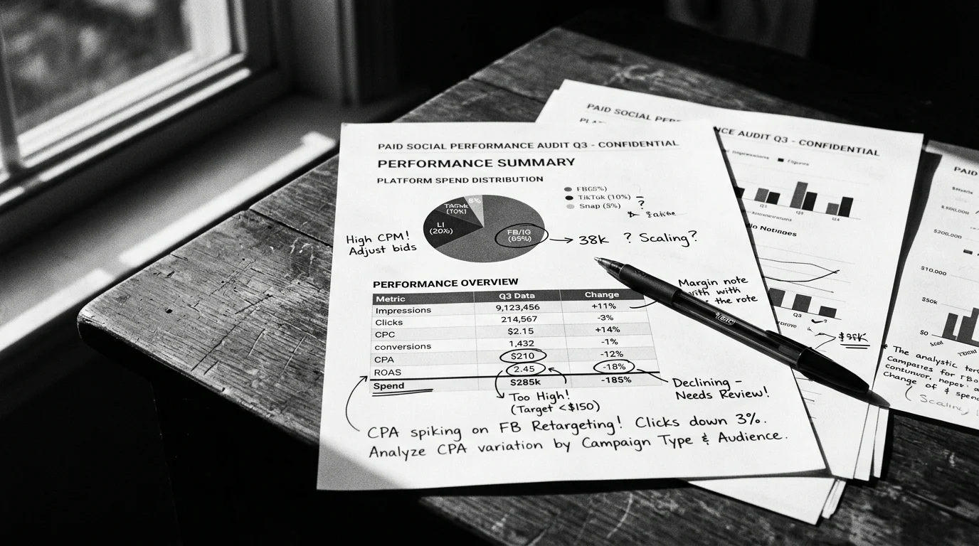 What an audit actually looks like. Pen marks, real numbers, the next three things to fix.
